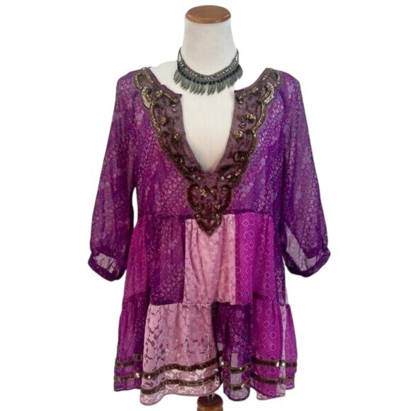 VTG Free People Purple Patchwork Chiffon Top | Boho Grunge Fairy Whimsigoth Y2K - Picture 14 of 16